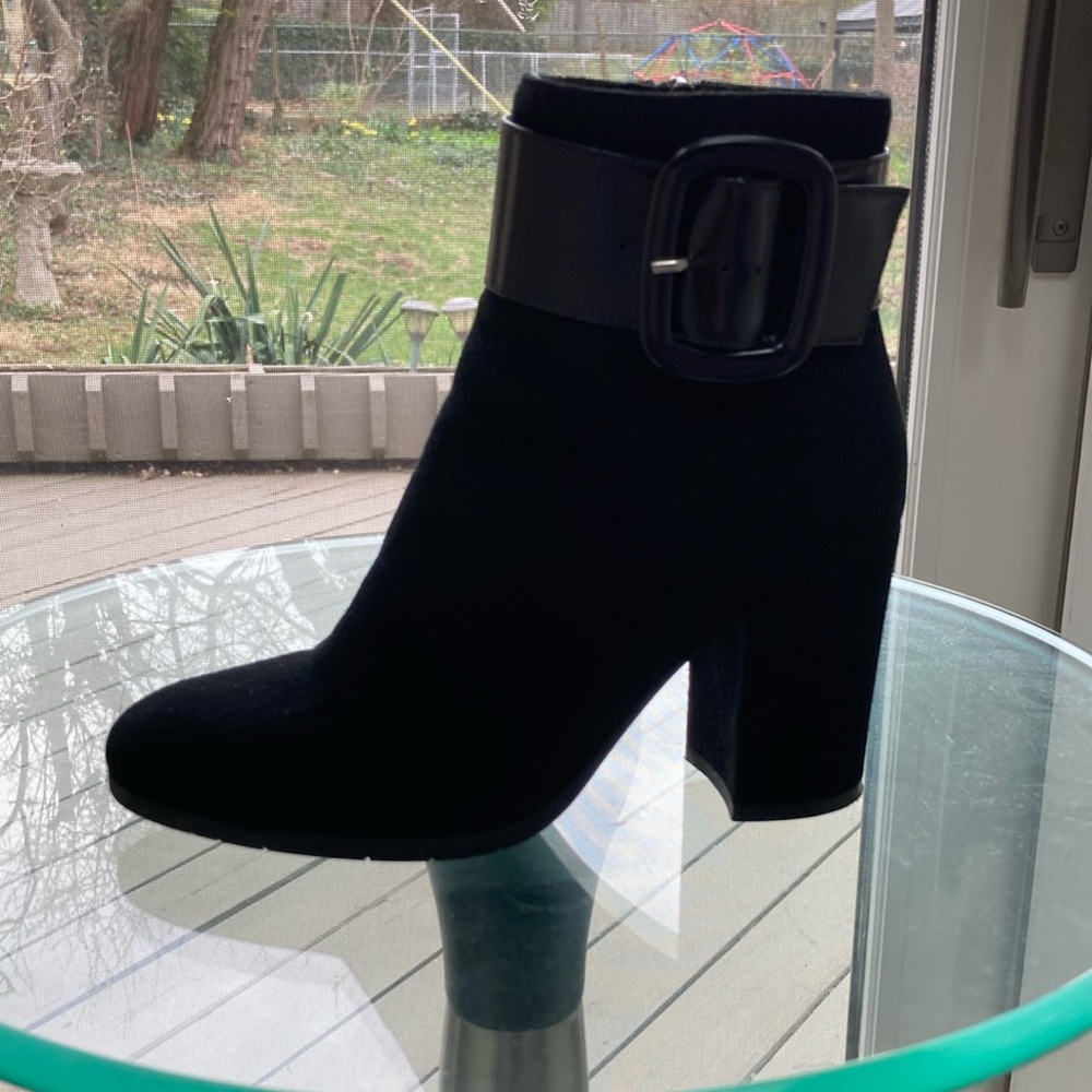 Elegant Black Suede Ankle Boots with patent buckle on side. Made in Italy